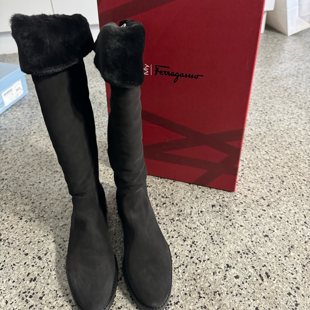 NIB Ferragamo Black Fur Trimmed Suede Boots | 36.5